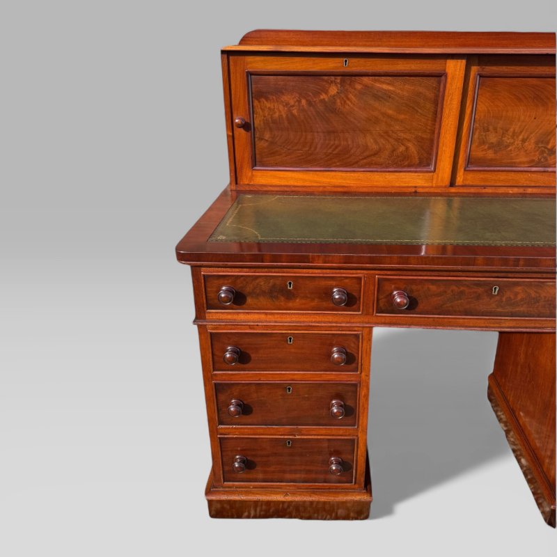 Antique Victorian Mahogany Pedestal Desk – 9 Drawers, Tooled Leather & Cupboard - Image 6